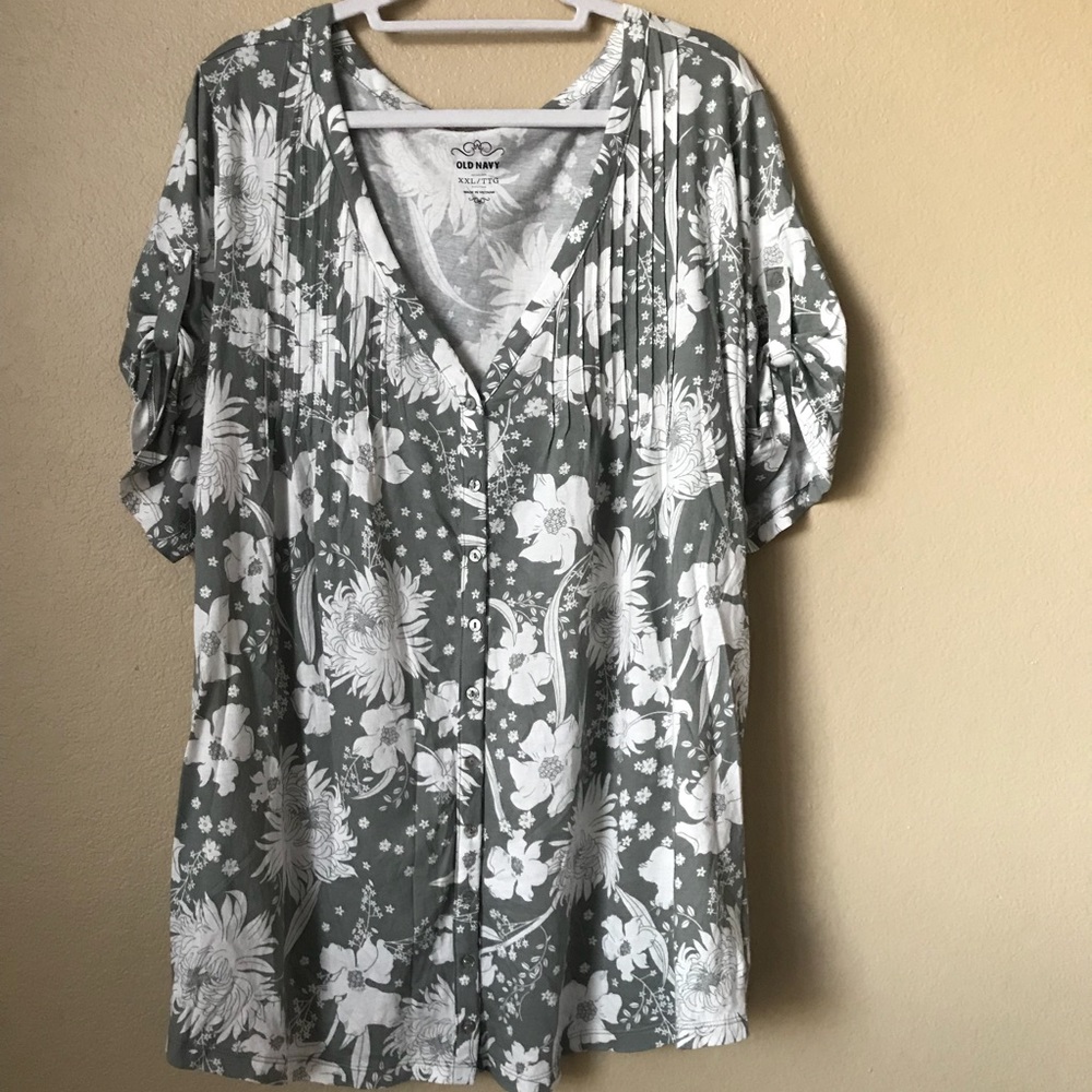 Old Navy Gray White Floral Mid Sleeve Blouse XXL